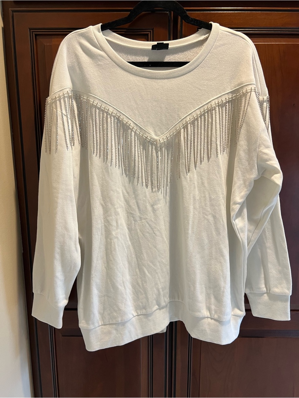 TORRID White Drop Shoulder Rhinestone Fringe Sweatshirt - 1X